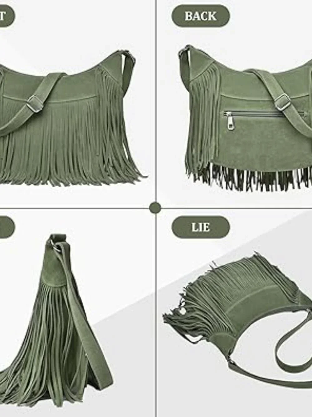 Boho Hobo Crossbody Bag Fringe Tassel Western PU‎ Leather Purse green